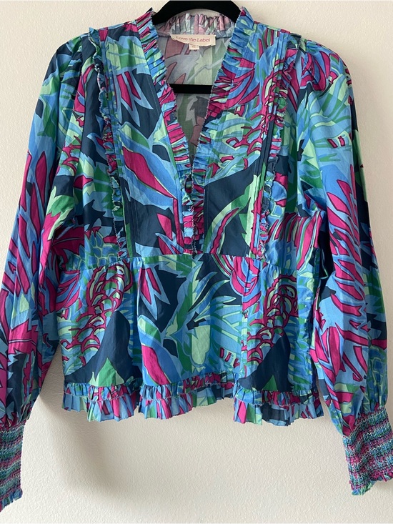 Love The Label Tops - Love the Label Tropical Print Ruffle Blouse Top Boho Puff Sleeve Size M